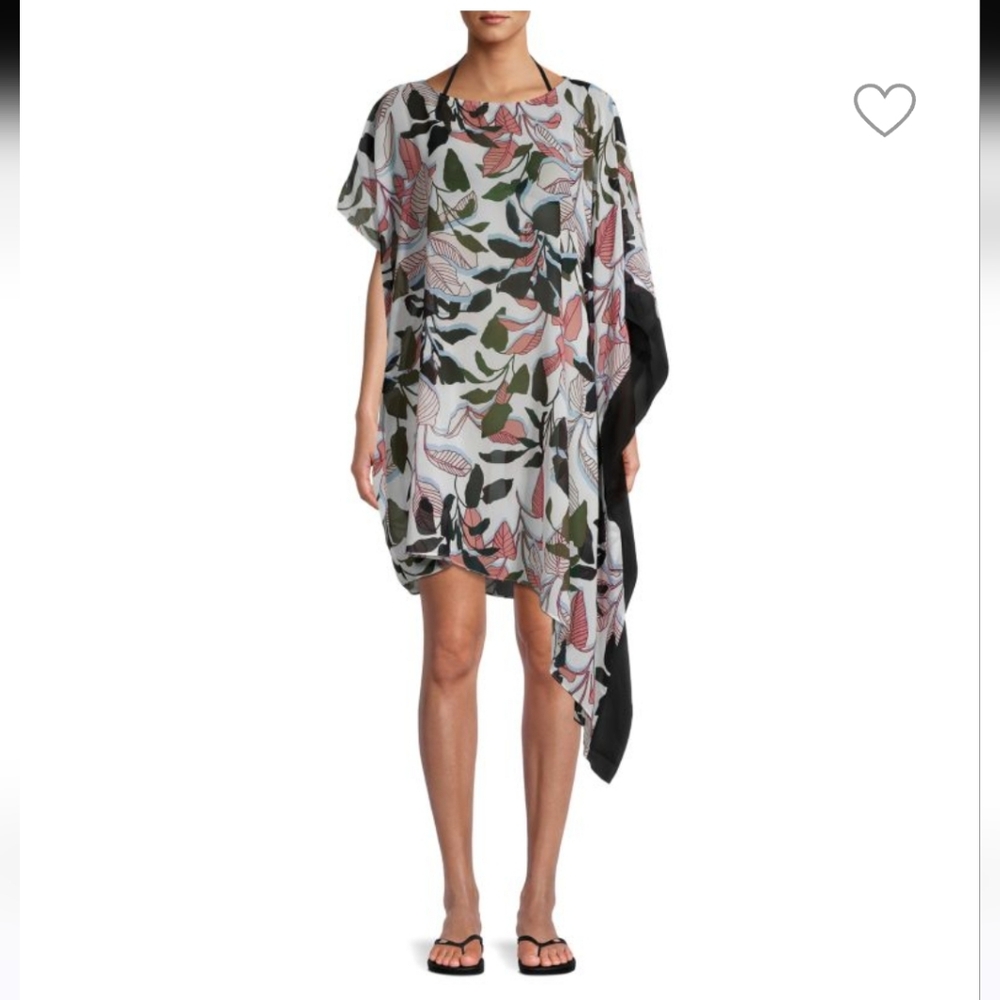 DKNY Leaf Print Asymetric Swim Coverup. Size L/ XL. White, pink, blue, and black